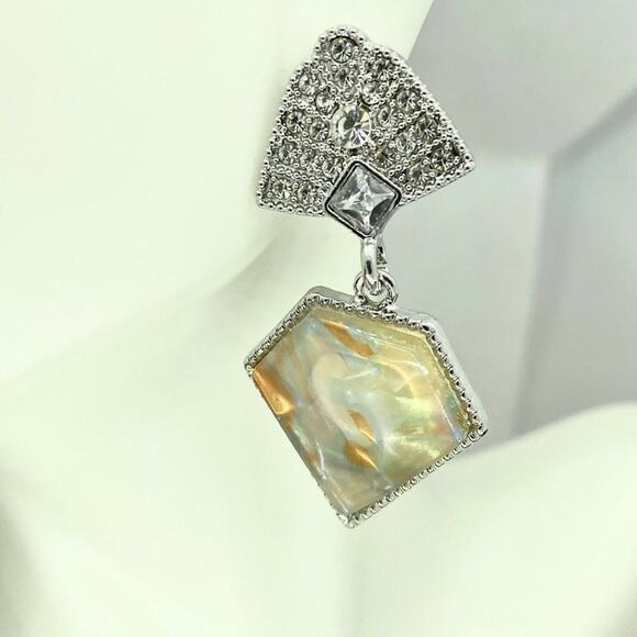 Silver Crystal Abalone Colored Stone Dangle Earrings - Picture 1 of 8